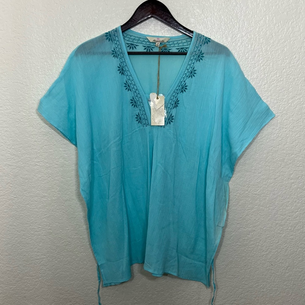 Margaritaville Gauze Peasant Tunic Top Beach Swim Cover Embroidered Teal Blue M
